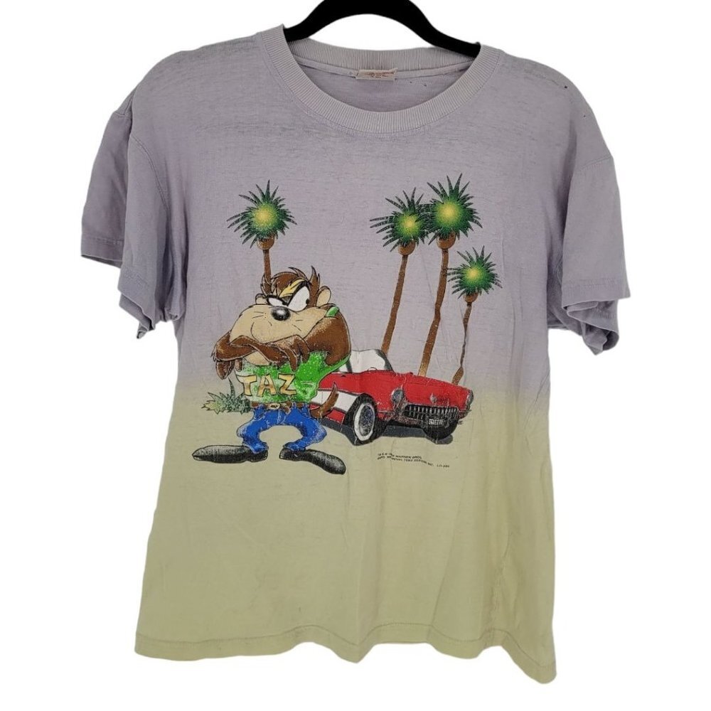 Novel Teez Mens medium Vtg warner bros Taz gray yellow 90s graphic t shirt flaws